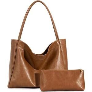 Brown Tote Bag for Women 2 Pcs Large Casual PU Weekender Bag Soft Vegan Leather